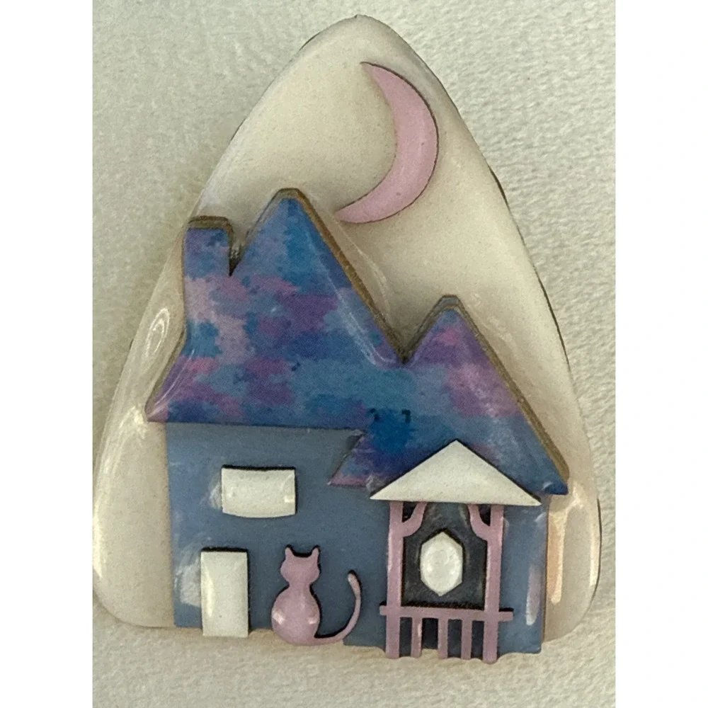 House Pins By Lucinda -Blue, Purple House, Pink Moon, Pink Cat, Night Sky #562
